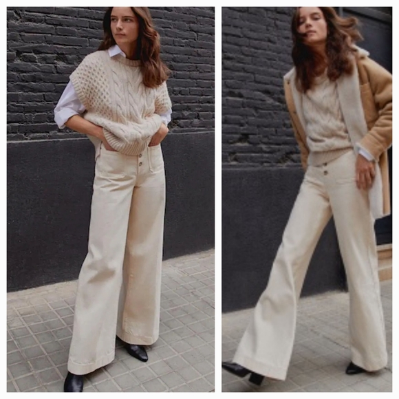 Massimo Dutti Pants - Massimo Dutti Cream Jeans US 6 High Rise Wide Flare Leg Full Length Button Fly